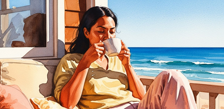 A woman sits and drinks a cup of coffee on a balcony