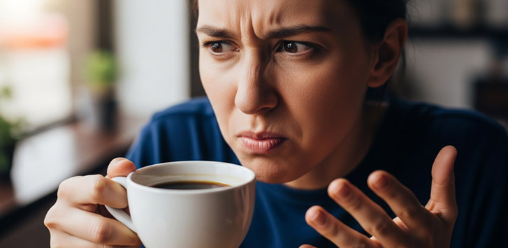 A woman sips her coffee and raises a hand in confusion